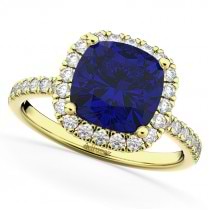 Blue Sapphire & Diamonds Cushion-Cut Halo Bridal Set 14K Yellow Gold (3.38ct)