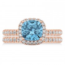 Blue Topaz & Diamonds Cushion-Cut Halo Bridal Set 14K Rose Gold (3.38ct)