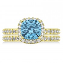 Blue Topaz & Diamonds Cushion-Cut Halo Bridal Set 14K Yellow Gold (3.38ct)