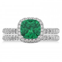 Emerald & Diamonds Cushion-Cut Halo Bridal Set 14K White Gold (3.38ct)