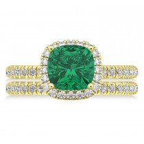 Emerald & Diamonds Cushion-Cut Halo Bridal Set 14K Yellow Gold (3.38ct)
