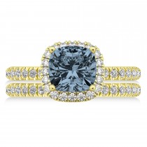 Gray Spinel & Diamonds Cushion-Cut Halo Bridal Set 14K Yellow Gold (3.38ct)