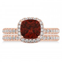 Garnet & Diamonds Cushion-Cut Halo Bridal Set 14K Rose Gold (3.38ct)