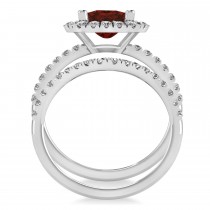 Garnet & Diamonds Cushion-Cut Halo Bridal Set 14K White Gold (3.38ct)