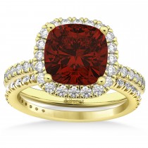 Garnet & Diamonds Cushion-Cut Halo Bridal Set 14K Yellow Gold (3.38ct)
