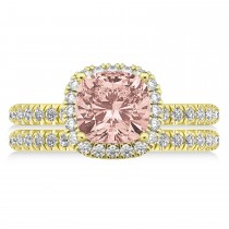 Morganite & Diamonds Cushion-Cut Halo Bridal Set 14K Yellow Gold (3.38ct)