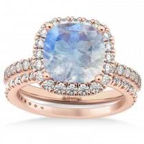 Moonstone & Diamonds Cushion-Cut Halo Bridal Set 14K Rose Gold (3.38ct)