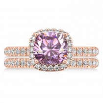 Pink Moissanite & Diamonds Cushion-Cut Halo Bridal Set 14K Rose Gold (2.93ct)