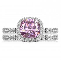 Pink Moissanite & Diamonds Cushion-Cut Halo Bridal Set 14K White Gold (2.93ct)