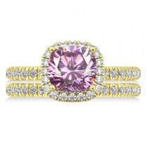 Pink Moissanite & Diamonds Cushion-Cut Halo Bridal Set 14K Yellow Gold (2.93ct)