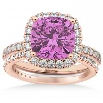 Pink Sapphire & Diamonds Cushion-Cut Halo Bridal Set 14K Rose Gold (3.38ct)