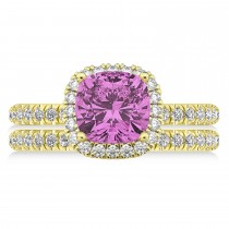 Pink Sapphire & Diamonds Cushion-Cut Halo Bridal Set 14K Yellow Gold (3.38ct)