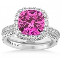 Pink Tourmaline & Diamonds Cushion-Cut Halo Bridal Set 14K White Gold (3.38ct)