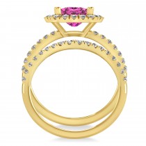 Pink Tourmaline & Diamonds Cushion-Cut Halo Bridal Set 14K Yellow Gold (3.38ct)