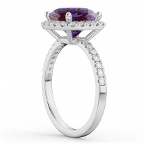 Cushion Cut Halo Lab Alexandrite & Diamond Engagement Ring 14k White Gold (3.11ct)