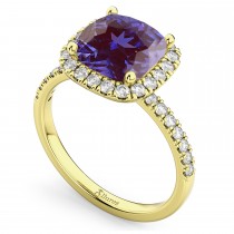 Cushion Cut Halo Lab Alexandrite & Diamond Engagement Ring 14k Yellow Gold (3.11ct)