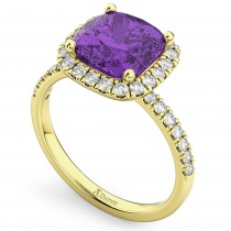 Cushion Cut Halo Amethyst & Diamond Engagement Ring 14k Yellow Gold (3.11ct)