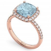 Cushion Cut Halo Aquamarine & Diamond Engagement Ring 14k Rose Gold (3.11ct)