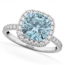 Cushion Cut Halo Aquamarine & Diamond Engagement Ring 14k White Gold (3.11ct)