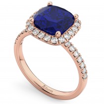 Cushion Cut Halo Blue Sapphire & Diamond Engagement Ring 14k Rose Gold (3.11ct)