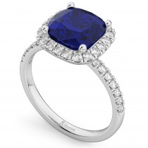 Cushion Cut Halo Lab Blue Sapphire & Lab Diamond Engagement Ring 14k White Gold (3.11ct)