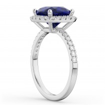 Cushion Cut Halo Blue Sapphire & Diamond Engagement Ring 14k White Gold (3.11ct)