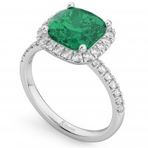 Cushion Cut Halo Lab Emerald & Lab Diamond Engagement Ring 14k White Gold (3.11ct)