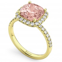 Cushion Cut Halo Morganite & Diamond Engagement Ring 14k Yellow Gold (3.11ct)