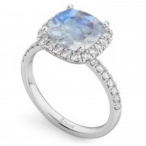 Cushion Cut Halo Moonstone & Diamond Engagement Ring 14k White Gold (3.11ct)