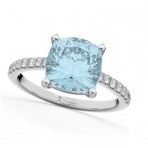 Cushion Cut Aquamarine & Diamond Engagement Ring 14k White Gold (2.81ct)