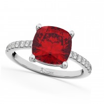 Cushion Cut Lab Ruby & Diamond Engagement Ring 14k White Gold (2.81ct)