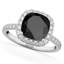 Cushion Cut Halo Black Onyx & Diamond Engagement Ring 14k White Gold (3.11ct)
