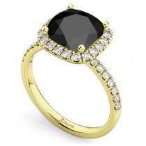 Cushion Cut Halo Black Onyx & Diamond Engagement Ring 14k Yellow Gold (3.11ct)