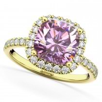 Cushion Cut Halo Pink Moissanite & Diamond Engagement Ring 14k Yellow Gold (2.66ct)