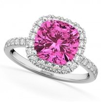 Cushion Cut Halo Pink Tourmaline & Diamond Engagement Ring 14k White Gold (3.11ct)