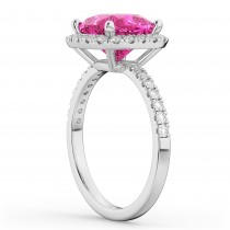 Cushion Cut Halo Pink Tourmaline & Diamond Engagement Ring 14k White Gold (3.11ct)