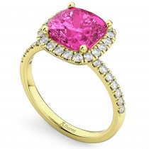 Cushion Cut Halo Pink Tourmaline & Diamond Engagement Ring 14k Yellow Gold (3.11ct)