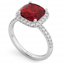 Cushion Cut Halo Ruby & Diamond Engagement Ring 14k White Gold (3.11ct)
