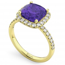 Cushion Cut Halo Tanzanite & Diamond Engagement Ring 14k Yellow Gold (3.11ct)