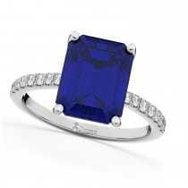 Emerald Cut Blue Sapphire & Diamond Engagement Ring 18k White Gold (2.96ct)