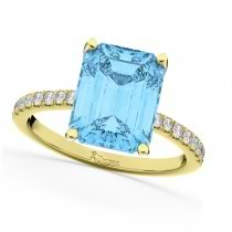 Emerald Cut Blue Topaz & Diamond Engagement Ring 18k Yellow Gold (2.96ct)