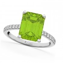 Emerald-Cut Peridot & Diamond Engagement Ring 14k White Gold (2.96ct)