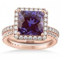Lab Alexandrite & Diamonds Princess-Cut Halo Bridal Set 14K Rose Gold (3.74ct)