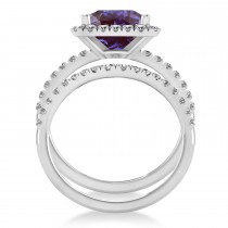 Lab Alexandrite & Diamonds Princess-Cut Halo Bridal Set 14K White Gold (3.74ct)
