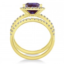 Lab Alexandrite & Diamonds Princess-Cut Halo Bridal Set 14K Yellow Gold (3.74ct)