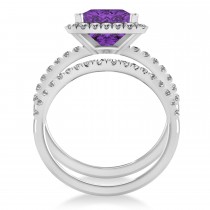 Amethyst & Diamonds Princess-Cut Halo Bridal Set 14K White Gold (3.74ct)