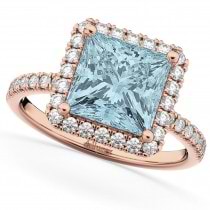 Aquamarine & Diamonds Princess-Cut Halo Bridal Set 14K Rose Gold (3.74ct)