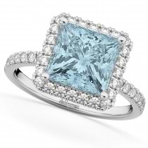 Aquamarine & Diamonds Princess-Cut Halo Bridal Set 14K White Gold (3.74ct)