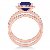Blue Sapphire & Diamonds Princess-Cut Halo Bridal Set 14K Rose Gold (3.74ct)
