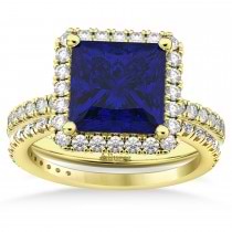 Blue Sapphire & Diamonds Princess-Cut Halo Bridal Set 14K Yellow Gold (3.74ct)